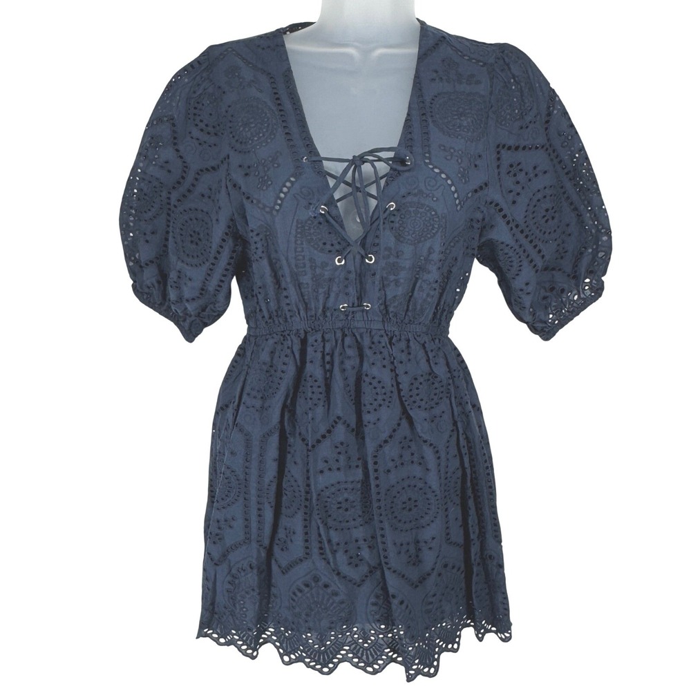 Forever 21 Navy Blue Eyelet Lace Mini Dress Boho Puff Sleeve Lace Up Small Sheer